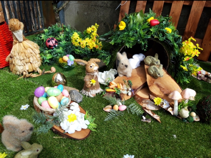Easter display of bunnies, eggs and flowers