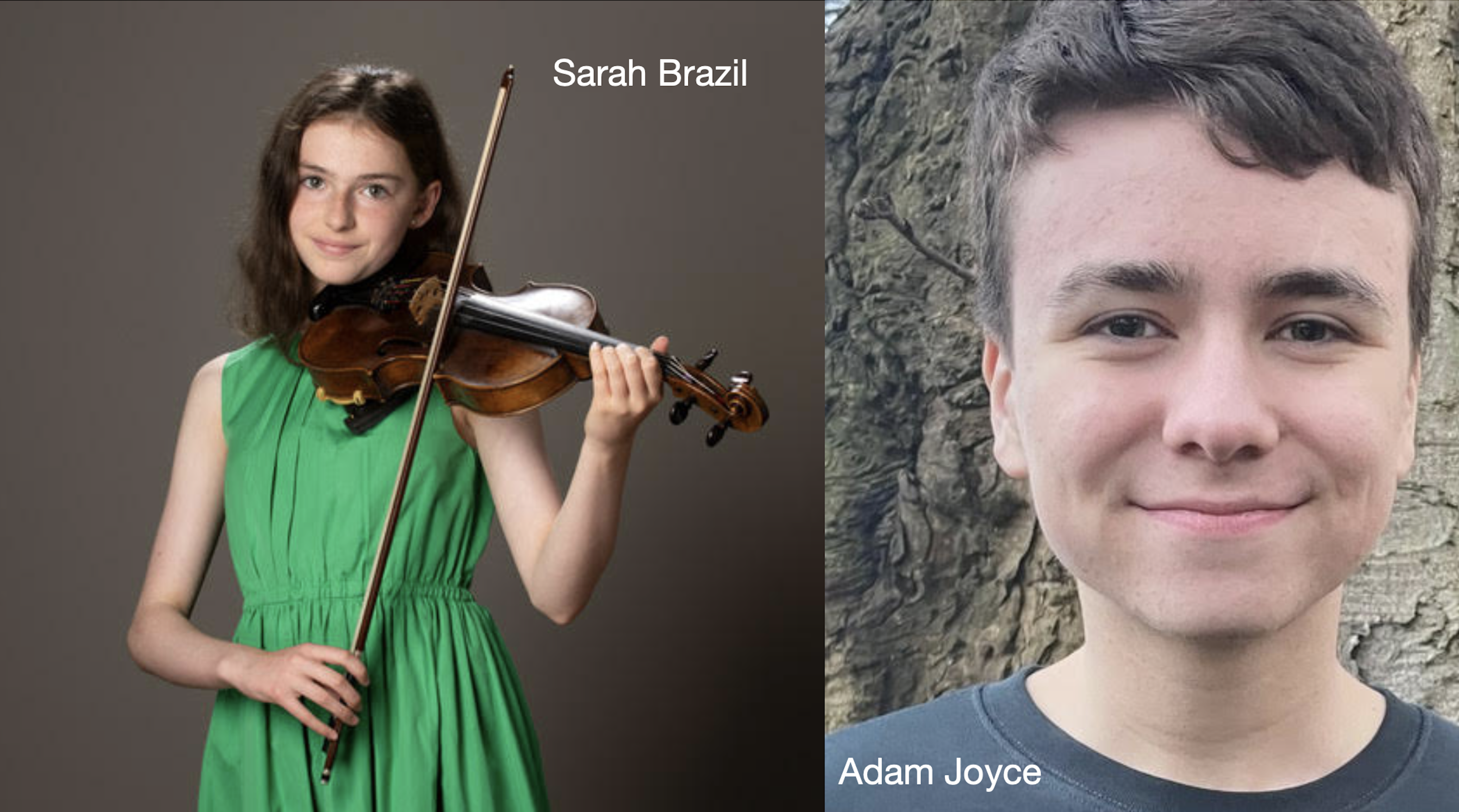 Photo of Sarah Brazil playing violin and photo of Adam Joyce