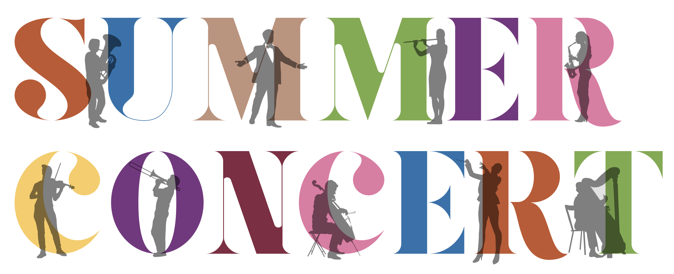 Colourful letters spelling 'summer concert' with silhouettes of musicians intertwined