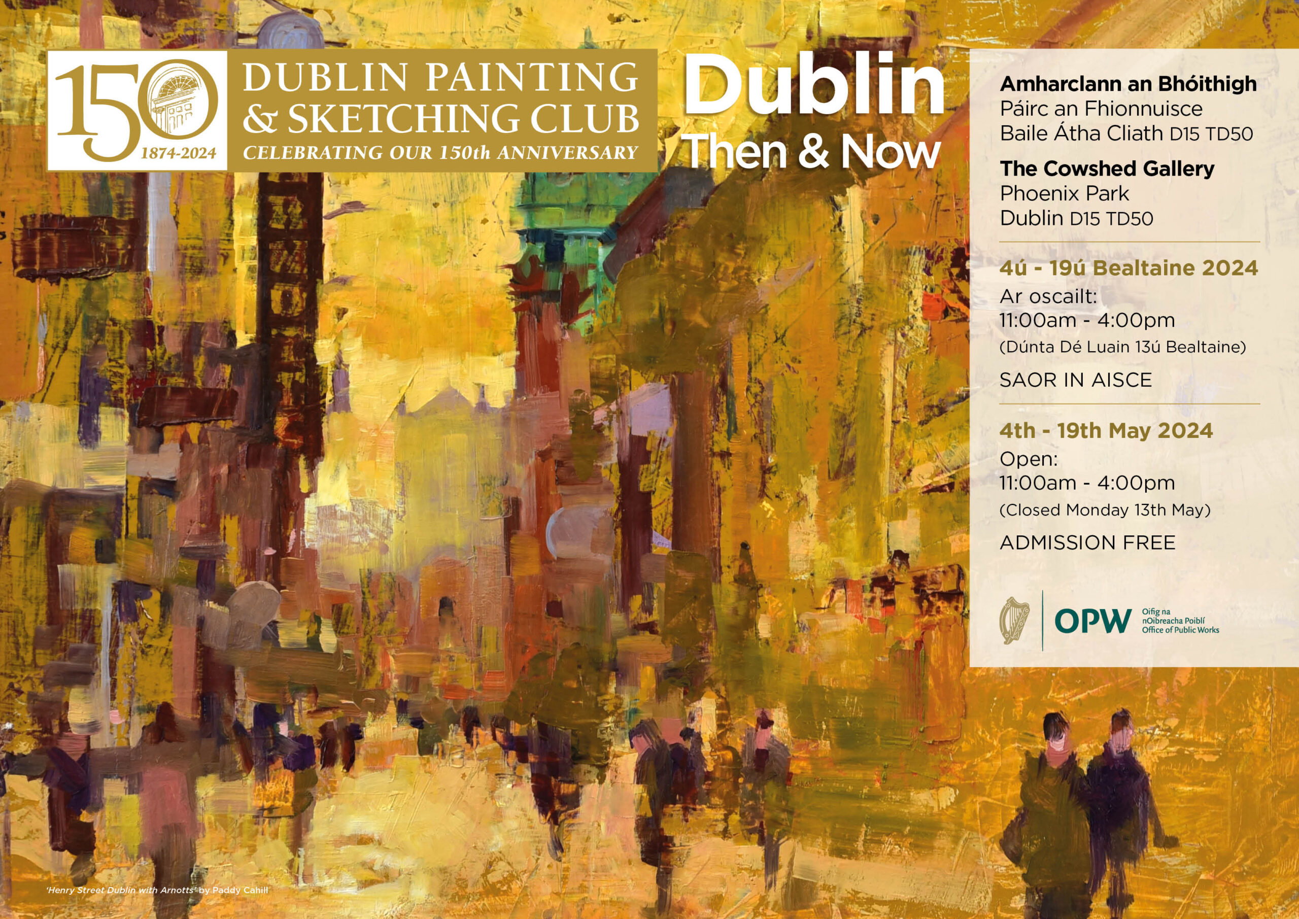 Notice for Painting & Sketching Club exhibition in The Cowshed Theatre featuring painting of Henry St Dublin featuring yellow tones