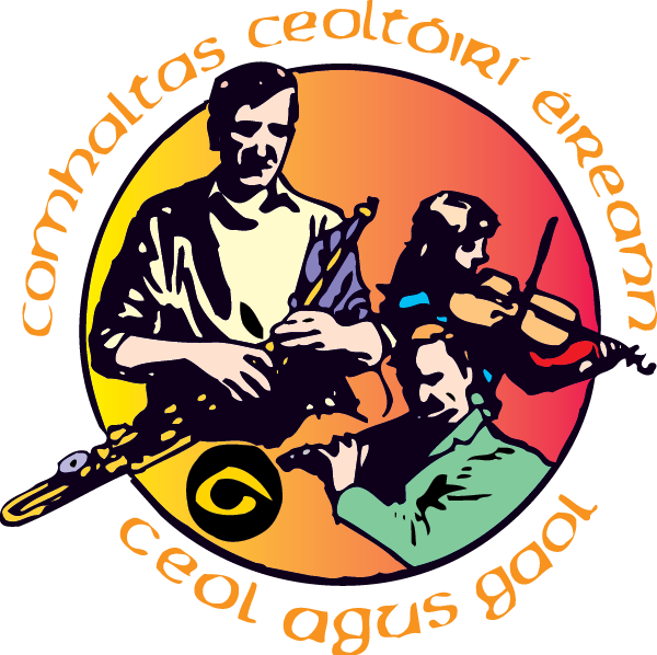 Comhaltas logo featuring uileann piper, flute and violin players.