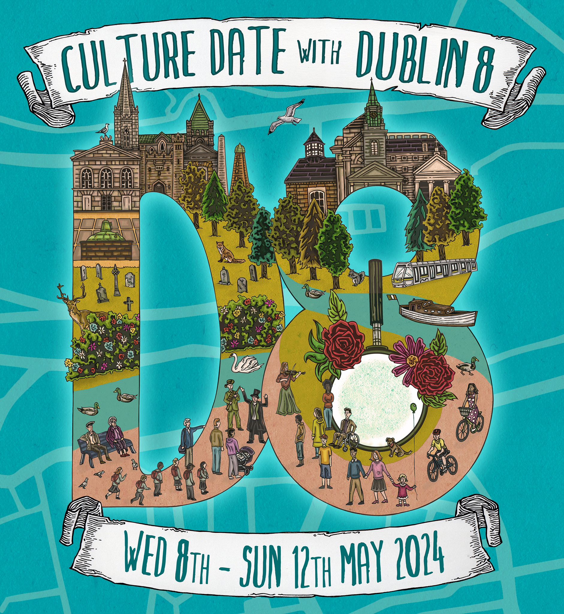 Poster for 'Culture Date with Dublin 8' featuring the letter D and Number 8 filled with scenery and buildings from Dublin 8 on a turquoise background.
